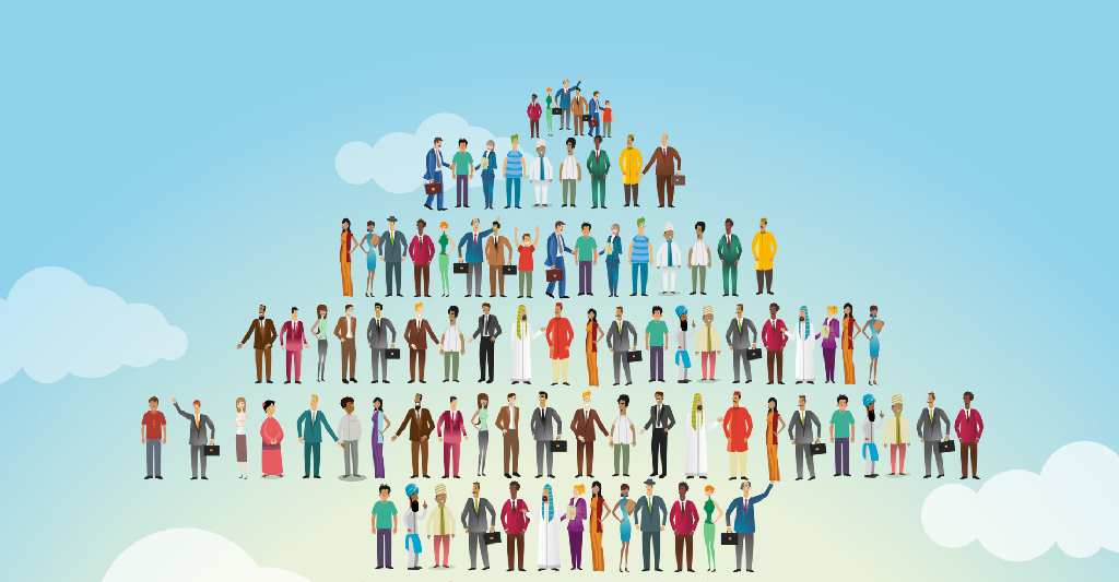 Illustrative image of people standing in arrow shape representing development and teamwork